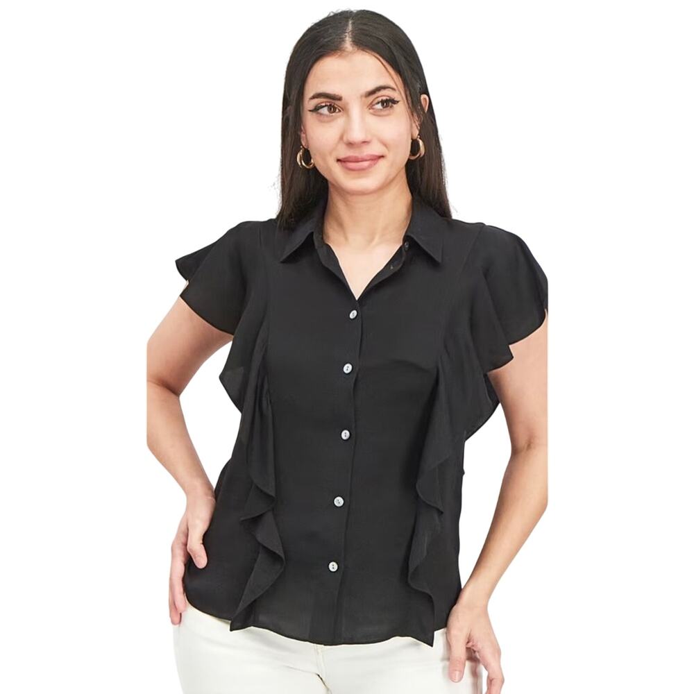 NWT Theory Womens Silk Collared Button-Down‎ Blouse Black Size P 00-0